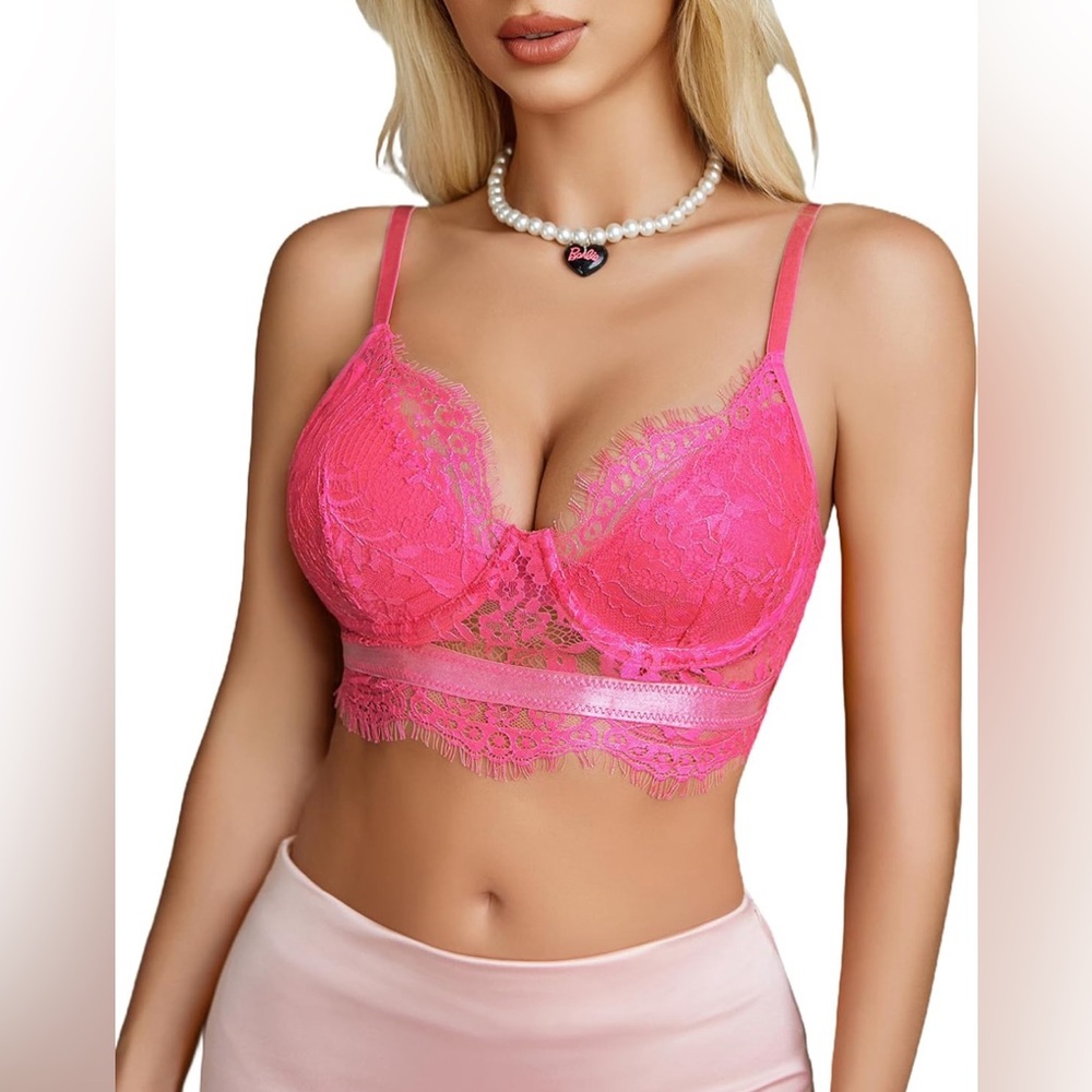 Hot Pink Lace Bralette Longline Bustier Y2K Style Cami Top for Women Smll